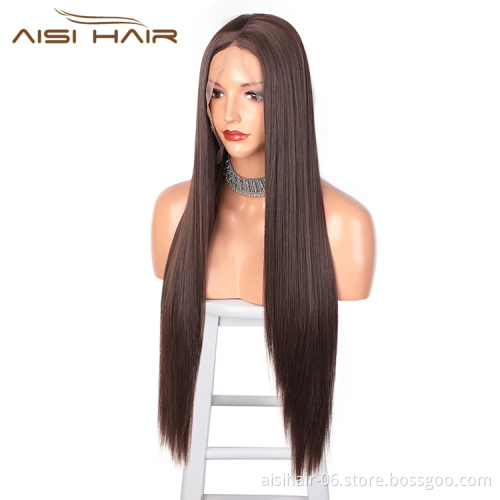 Aisi Hair Silky Straight Brown Synthetic Long Wig Wholesale Swiss Lace Wig Synthetic Hair Front Lace Wigs For Black Women